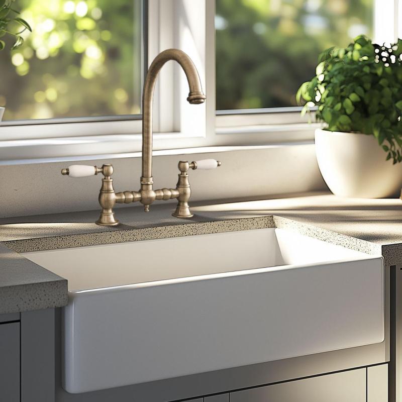 PB Nostalgisk Brokøkkenarmatur Bronze rund tud med hvide håndtag PBN.BRO.R.WH