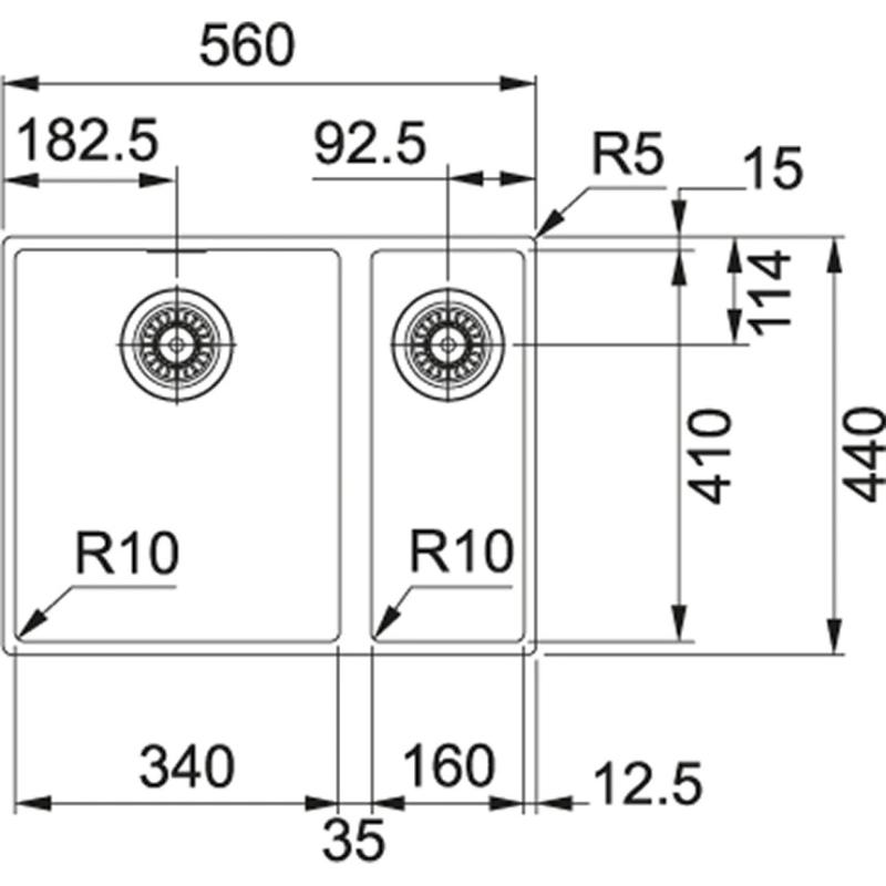 Franke Sirius 2 S2D 160 en og en halv 1,5 plast hvid vask 53,5x41cm undermonteret 125.0252.219
