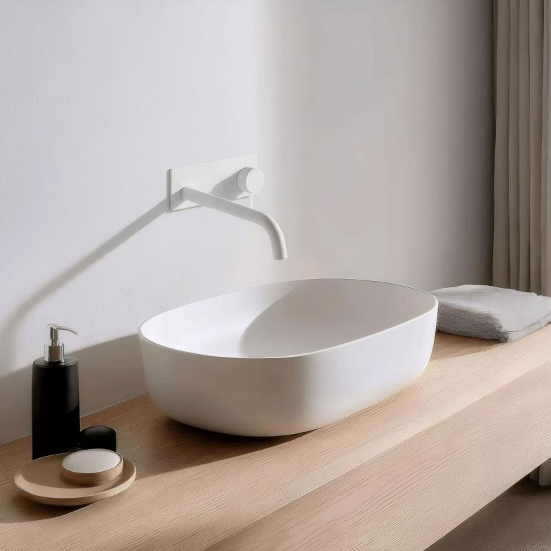 Waterevolution Flow indbygget håndvaskarmatur med afdækningsplade mat hvid med tud 25 cm T1161BBR-25