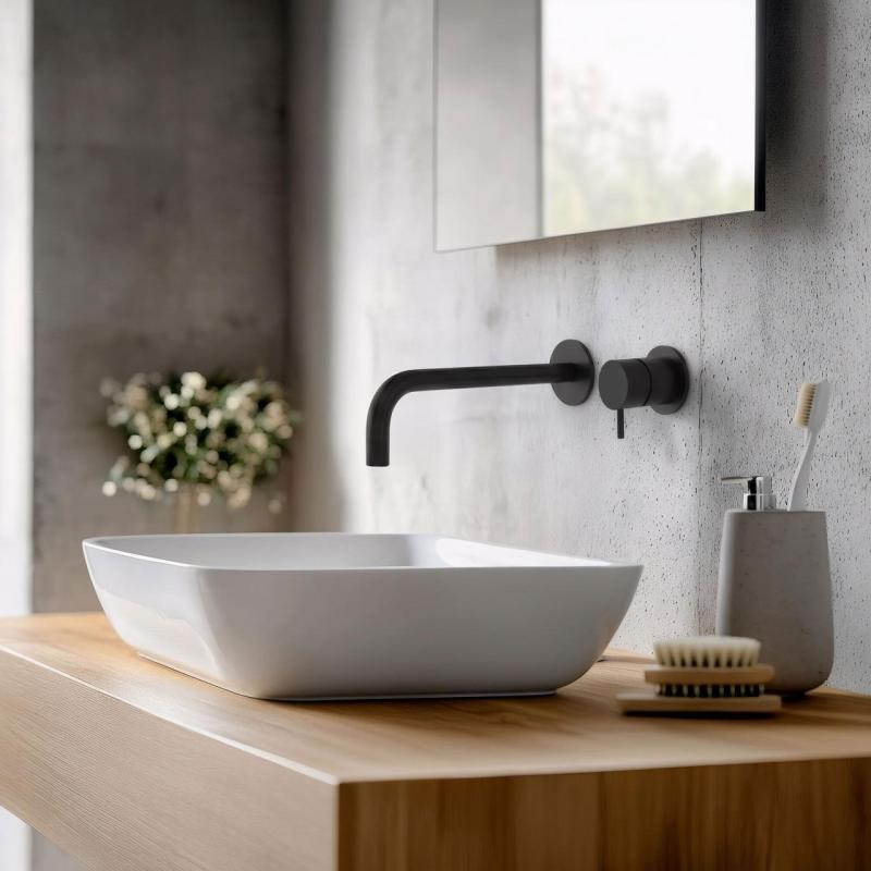 Waterevolution Flow indbygget håndvaskarmatur, mat sort, med udløb 21 cm T116BPR-21