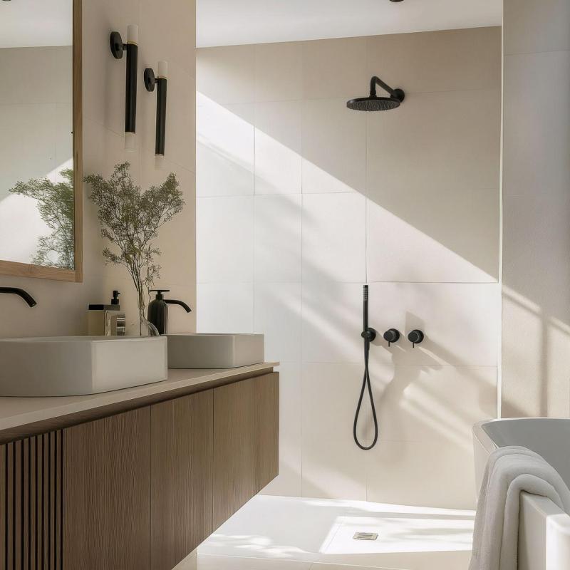 Waterevolution Flow indbygget brusersæt mat sort med termostat regnbruser og håndbruser 1208846402