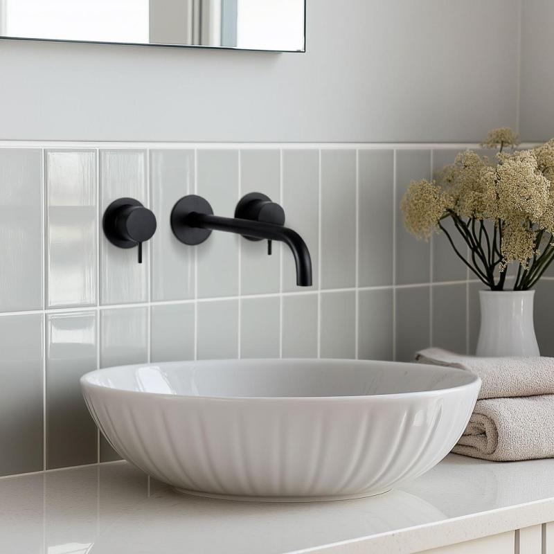 Waterevolution Flow 3-huls indbygget håndvaskarmatur, mat sort, med udløb 25 cm T1163FPR-25