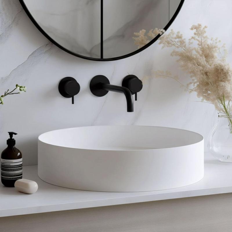 Waterevolution Flow 3-huls indbygget håndvaskarmatur, mat sort, med udløb 15 cm T1163FPR-15