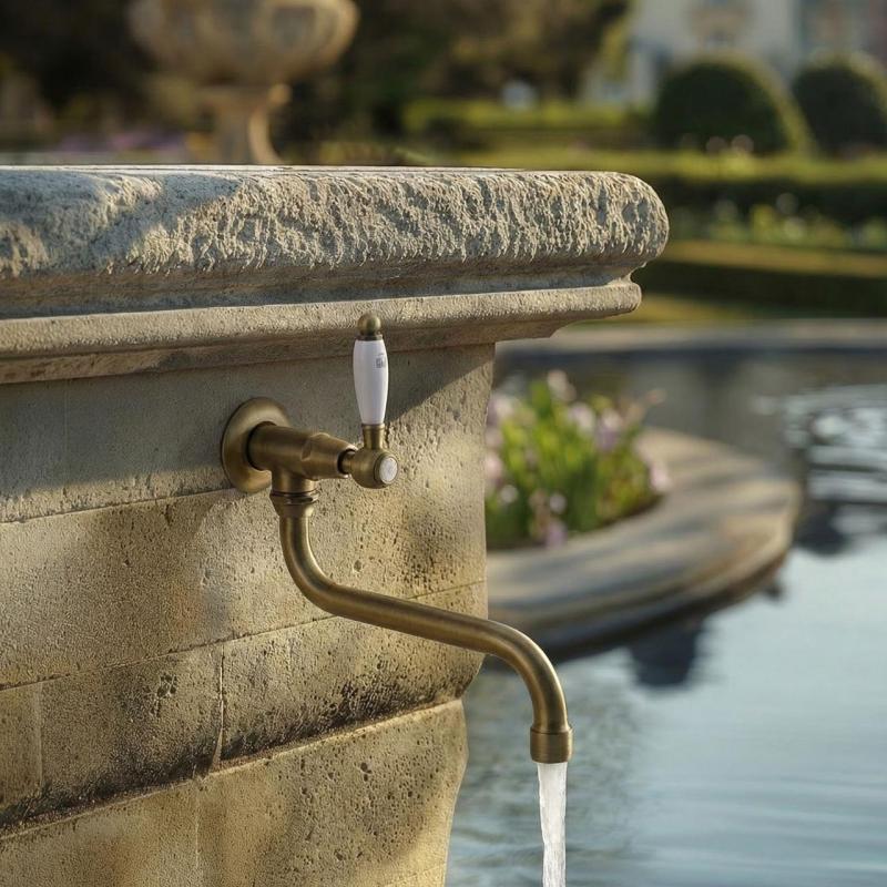 PB klassiek vægmonteret fontænekran med hvidt håndtag til koldt vand og lang tud i bronze 1208853602