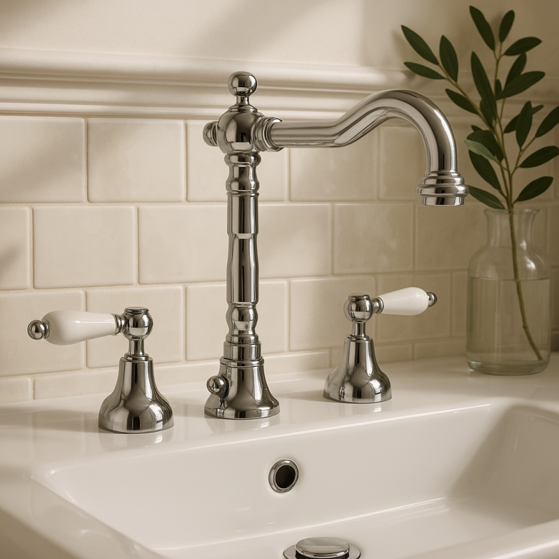 PB klassisk blandingsbatteri 3-huls håndvaskarmatur Hvide håndtag Krom 1208854262