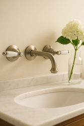 PB klassisk indbygningsvægkran med hvide håndtag, 16 cm tud, rustfrit stål 1208854342