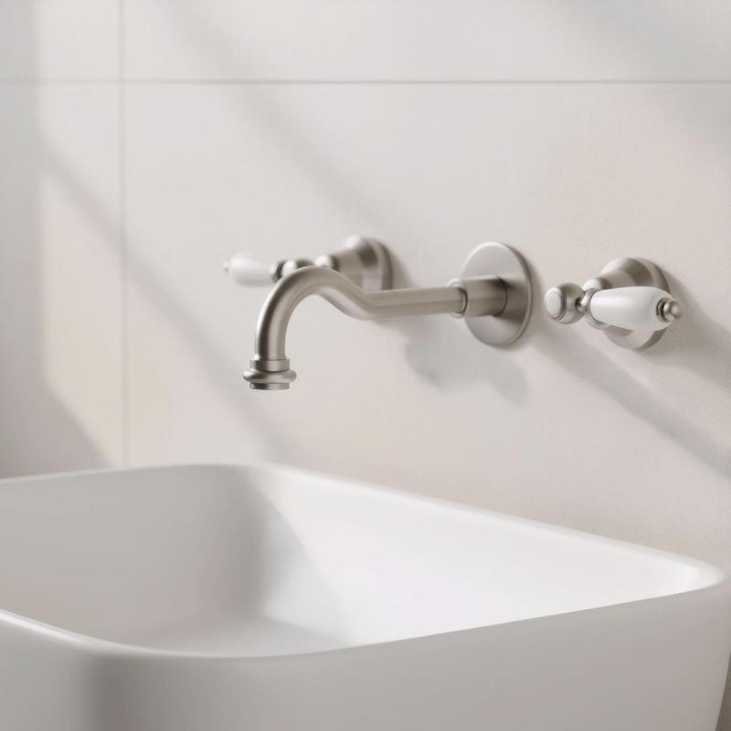 PB klassisk indbygget vægmonteret vandhane med hvide håndtag, 25 cm tud, rustfrit stål 1208854402