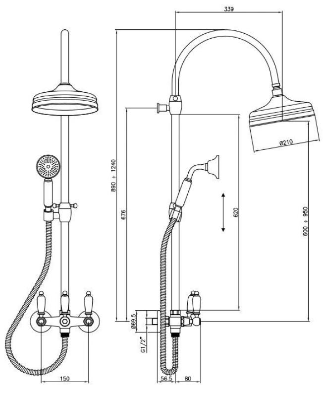 PB klassisk brusesæt med regnbruser, teleskopisk brusekolonne, rustfrit stål, 1208854892
