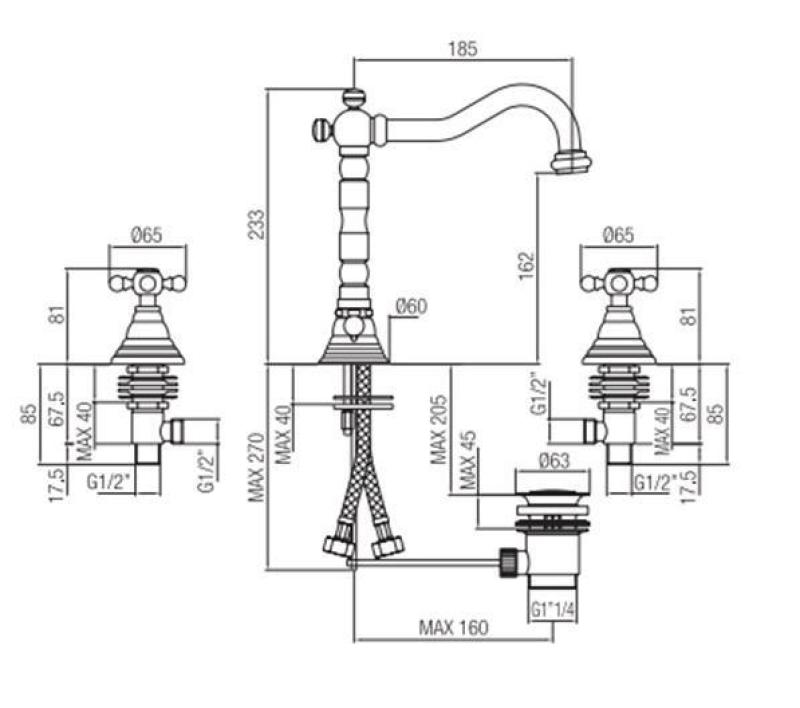PB klassisk 3-huls håndvaskarmatur med stjernehåndtag og tud på 18,5 cm, rustfrit stål 1208854952