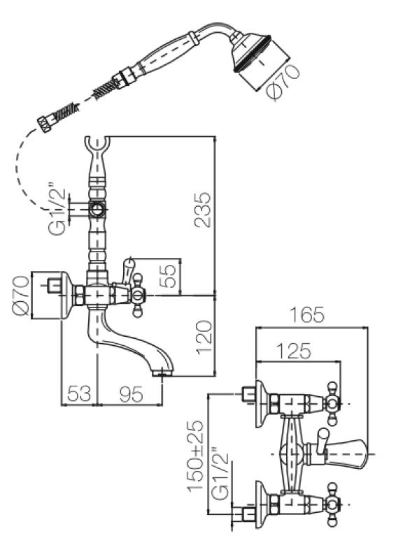 PB klassisk vandhane til montering på badekar med kraftige knapper Krom inklusive håndbruser 1208855152