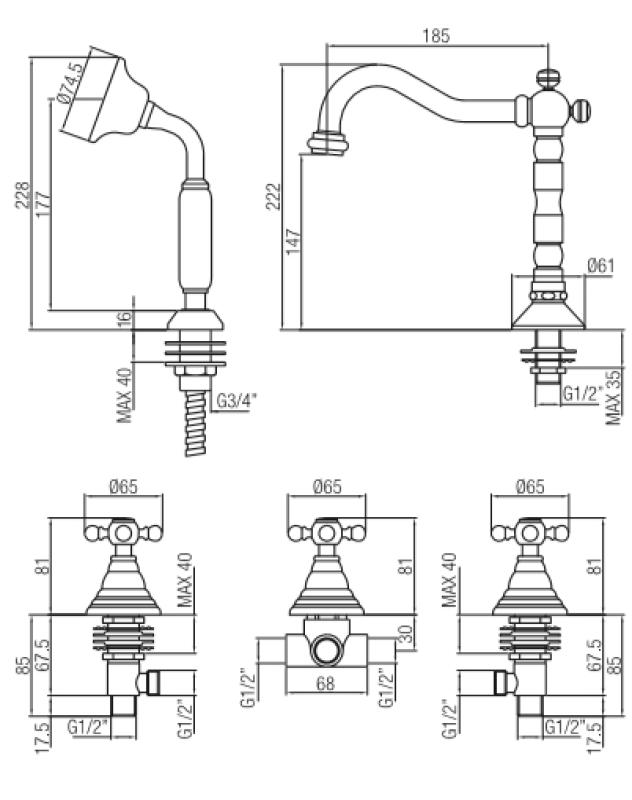 PB klassisk 5-huls badekarskantarmatur med stjernehåndtag i bronze 1208855782