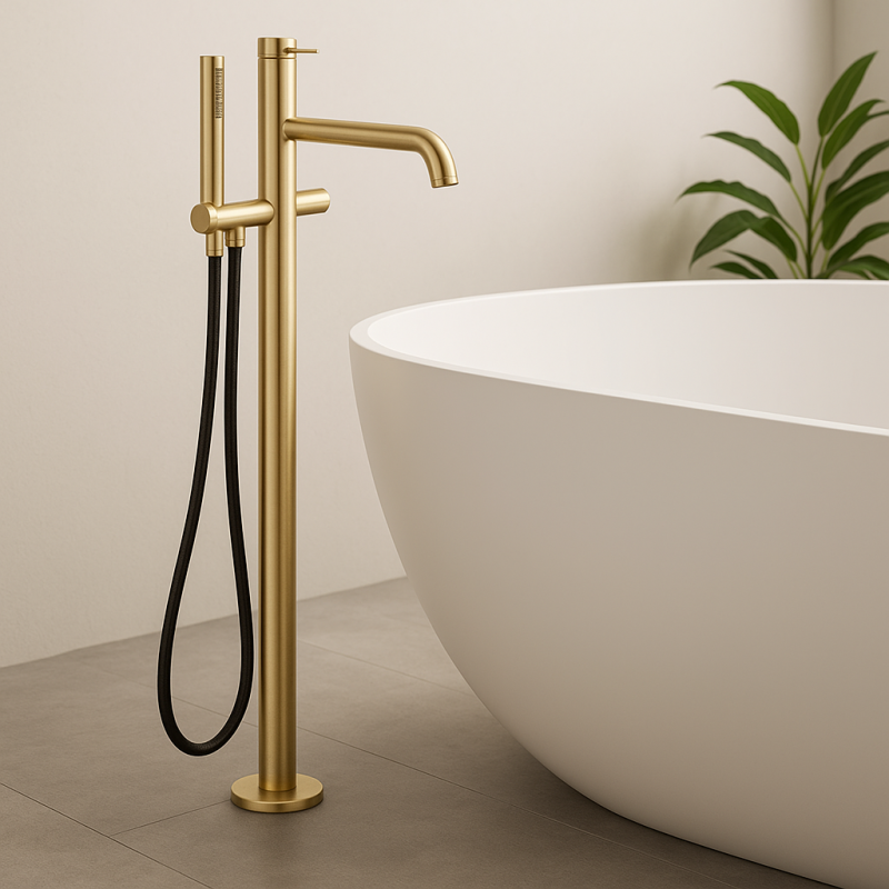 Waterevolution Flow fritstående badekararmatur med håndbruser Light Gold T133WGE