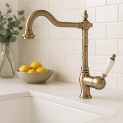 PB nostalgisk enhånds køkkenarmatur med hvidt håndtag rustfrit stål 1208952878