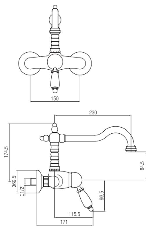 PB nostalgisk etgrebs vægmonteret armatur med hvidt håndtag i rustfrit stål