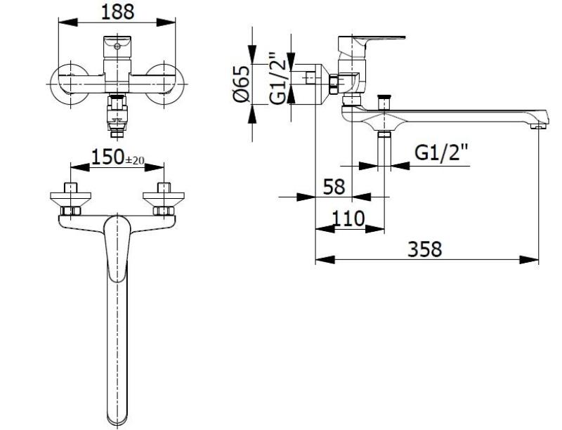 Blusani special vægmonteret vandhane krom med lang tud 35 cm og håndbruser 1208952919