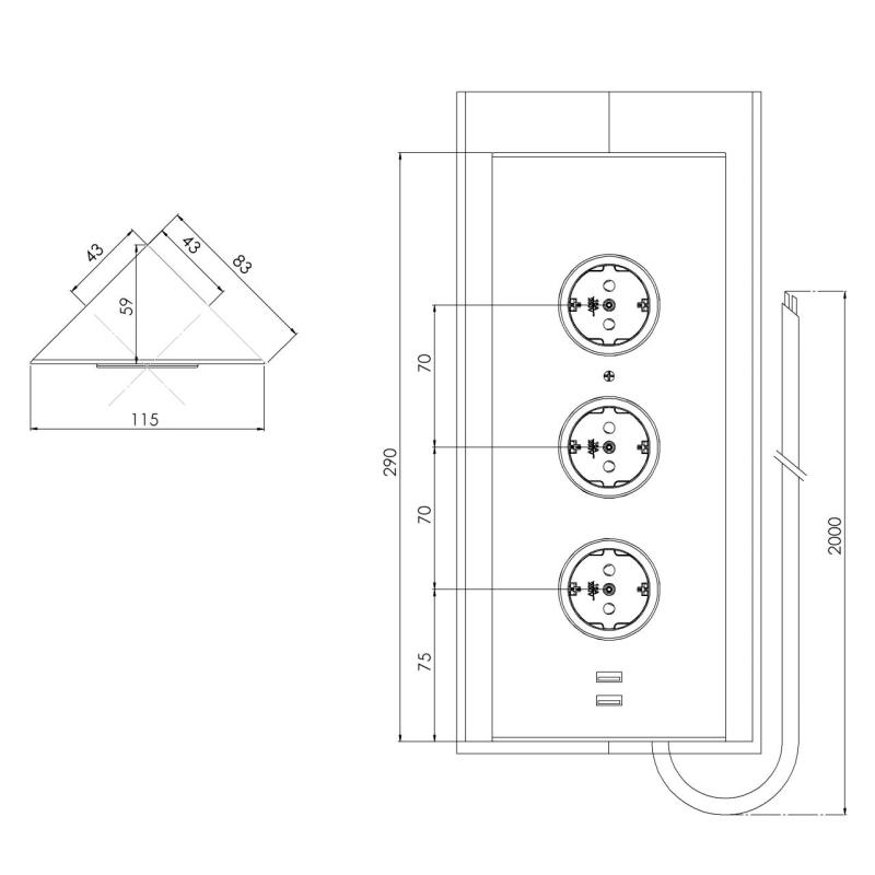 Indux Corner Energi-søjle med 3 stikkontakter, jordforbundet og dobbelt USB-A&amp;C-oplader, rustfrit stål 1208953216
