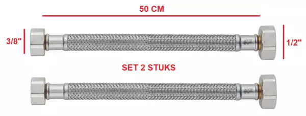 PB fleksibel tilslutningsslangesæt med 2 stykker til brokøkkenarmatur, 50 cm lang med 2 x indvendig gevind 1/2 + 3/8 1208953845