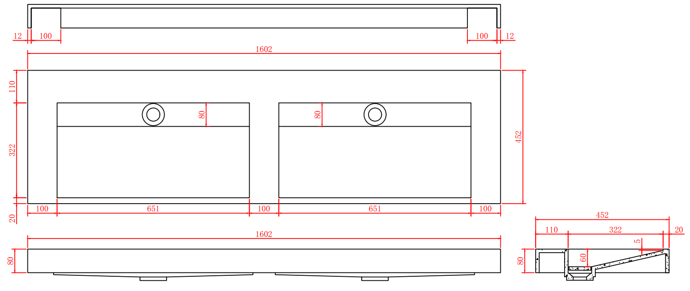 Solid-S Marmor dobbelt håndvask solid surface sort marmor mat uden hanehul med solid cover B160xD45xH8 1208953890