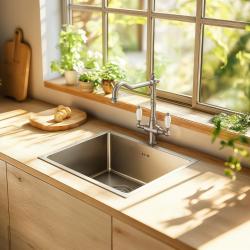 PB Nostalgisk klassisk landlig køkkenhane i rustfrit stål med hvide håndtag 1208953915