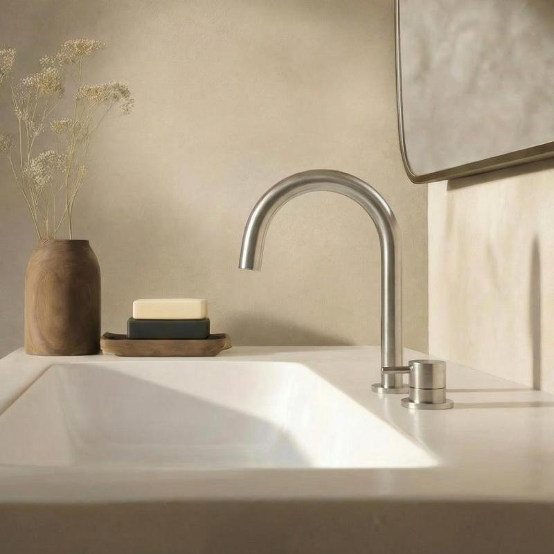 Waterrevolution Flow 2-huls håndvaskarmatur fuldt rustfrit stål med lav U 200mm udløb T1121UIE