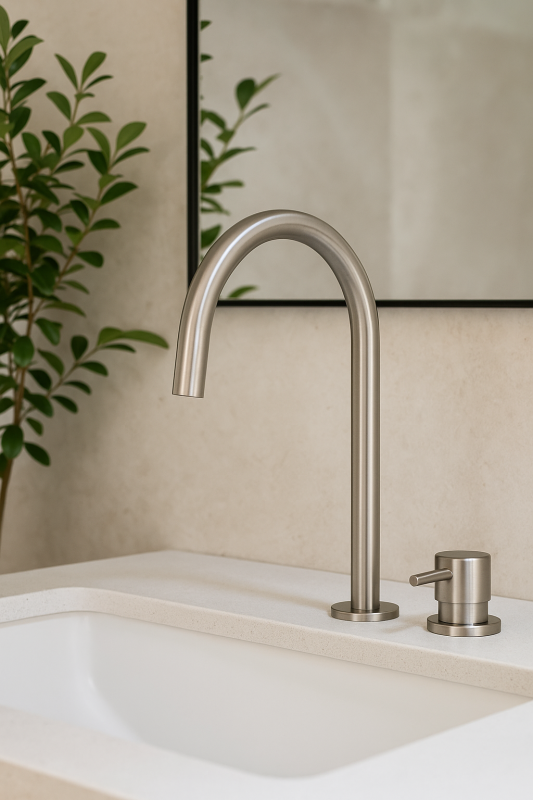 Waterevolution Flow 2-huls håndvaskarmatur, helt i rustfrit stål med høj U 200 mm udløb T1122UIE