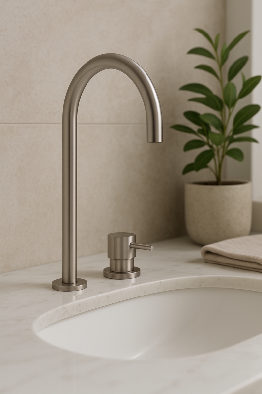 Waterevolution Flow 2-huls håndvaskarmatur, helt i rustfrit stål med høj U 200 mm udløb T1122UIE