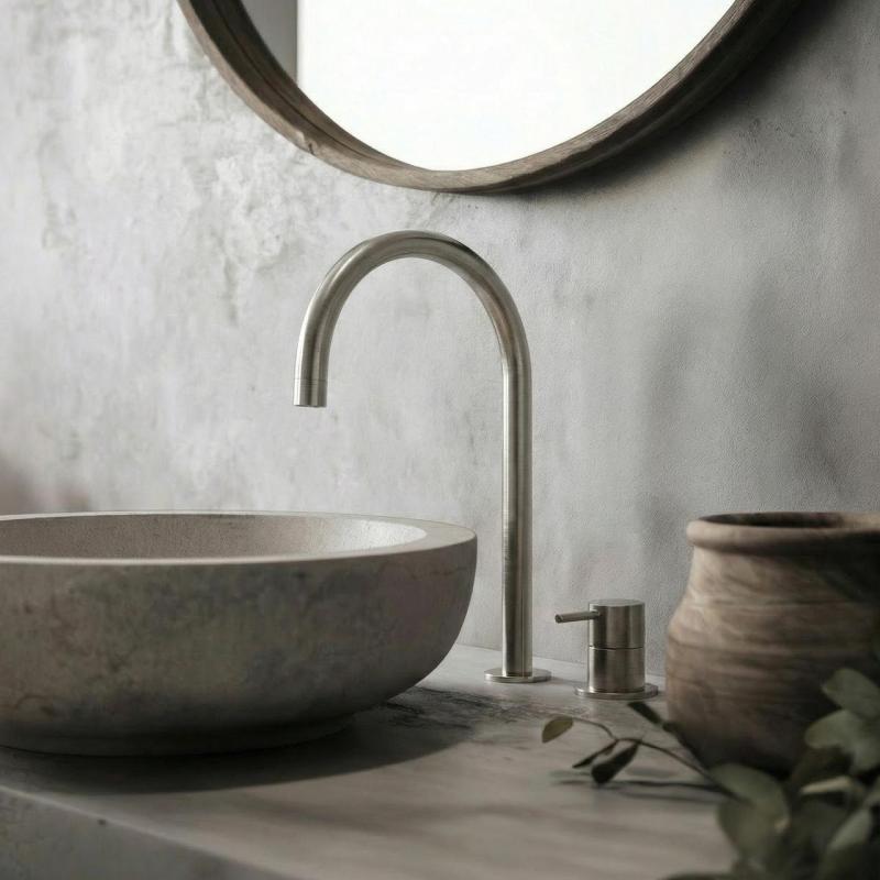 Waterevolution Flow 2-huls håndvaskarmatur, helt i rustfrit stål med høj U 200 mm udløb T1122UIE