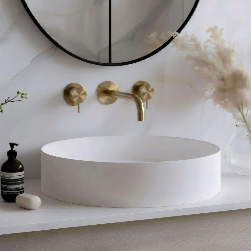 Waterevolution Flow 3-huls undermonteret håndvaskarmatur i børstet messing med 15 cm udløb T1163FLE-15