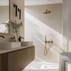 Waterevolution Flow indbygget brusersæt med termostat regnbruser og håndbruser børstet messing