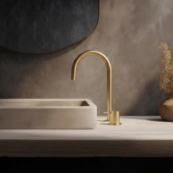 Waterevolution Flow 2-huls håndvaskarmatur med høj U 200 mm udløb Light Gold T1122UWGE