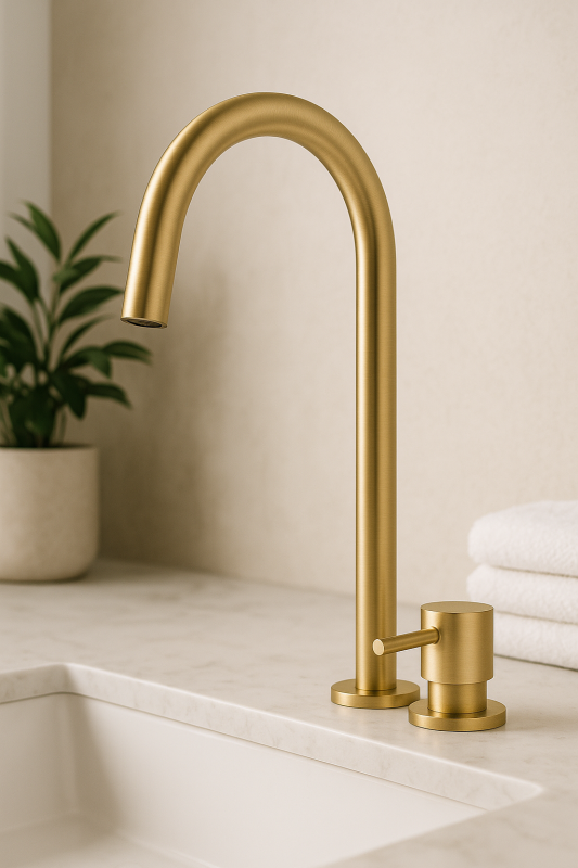 Waterevolution Flow 2-huls håndvaskarmatur med høj U 200 mm udløb Light Gold T1122UWGE