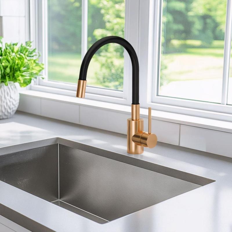 Quadri Bristol køkkenarmatur med fleksibelt sort udløb PVD børstet kobber 1208955984