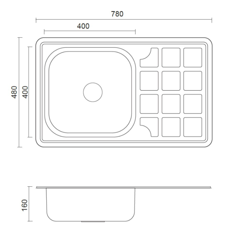 Aquadesign Basic rustfrit stål vask med afdrypningsområde, vendbar 78x48cm, påbygning 1208956286