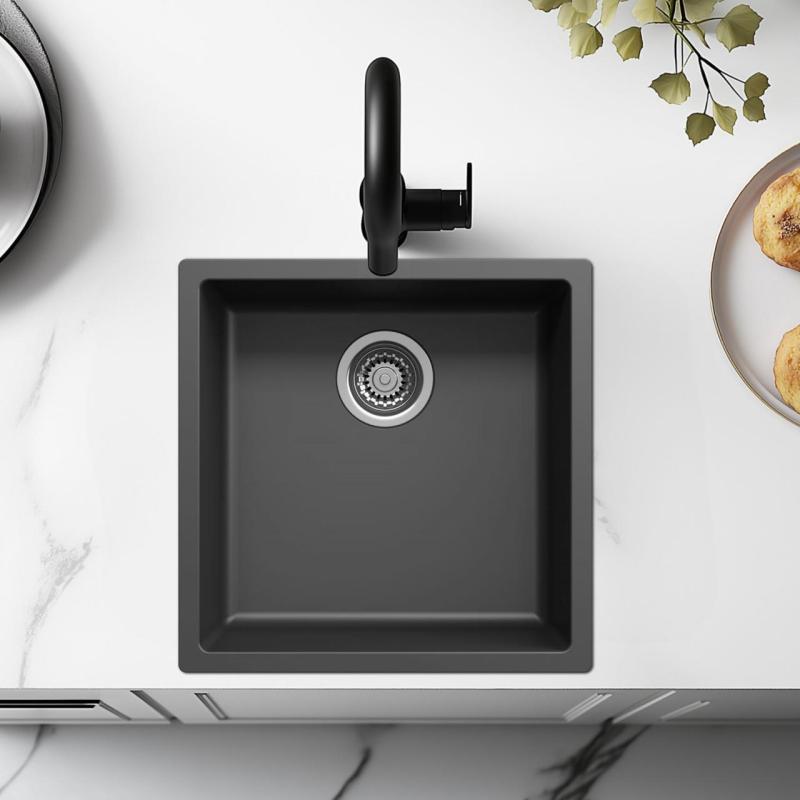 Sort vask 40x40cm til underbygning, overbygning og planmontering med rustfri stål prop 1208956390