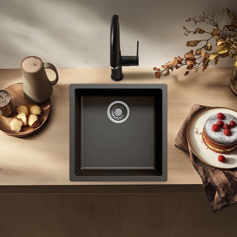 Sort vask 40x40cm til underbygning, overbygning og planmontering med rustfri stål prop 1208956390