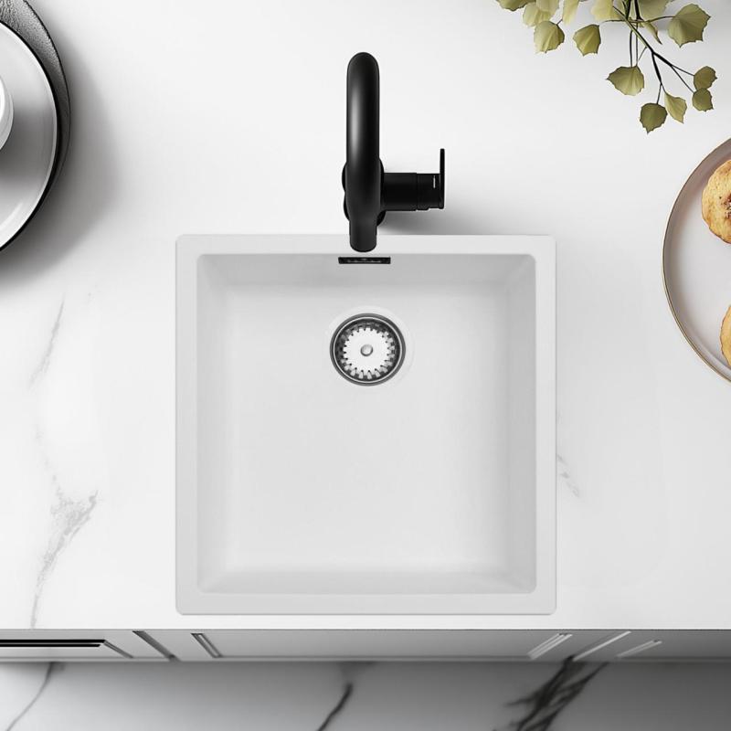 Hvid vask 40x40cm underbygning, overbygning og planmontering med rustfri stål prop 1208956392