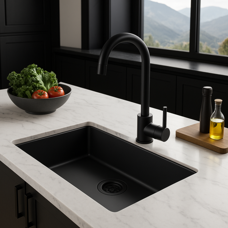 Sort stor vask 70x40cm underbygning, overbygning og planmontering med sort prop 1208956401