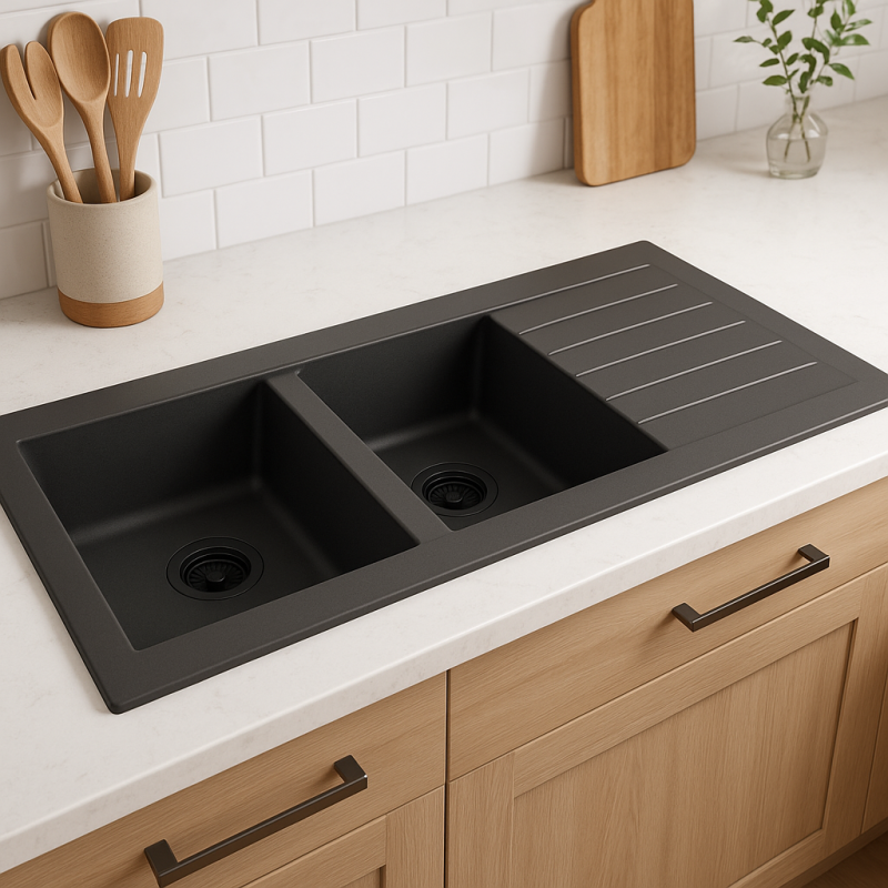 Ausmann Fibre dobbelt sort plastvask, vendbar med afløbsplade, overflademonteret 116x50 cm med sort prop 1208956790