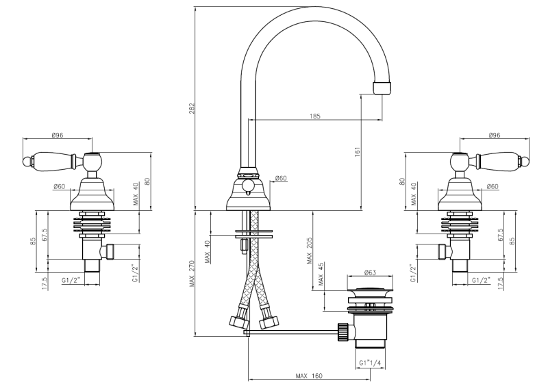 PB klassisk 3-huls håndvaskarmatur Hvide greb med rund tud Krom 1208956912