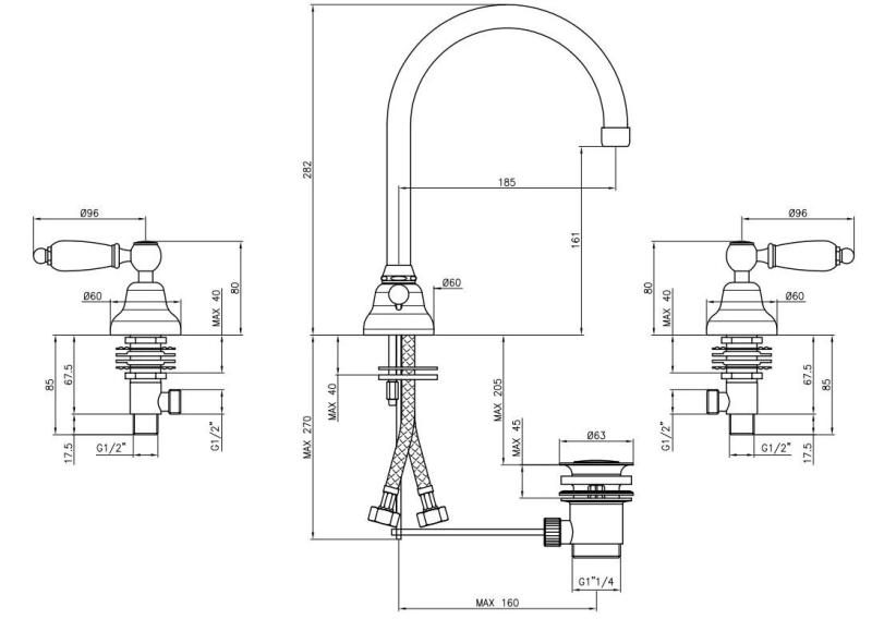 PB klassisk trehuls håndvaskarmatur Hvide håndtag med rund tud rustfrit stål 1208956914