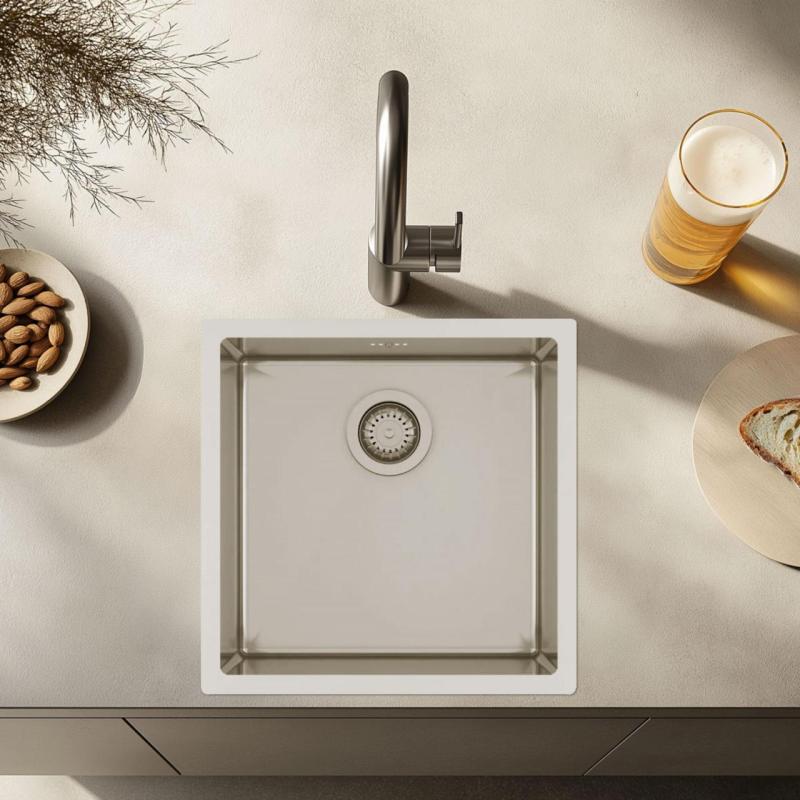 Ausmann Oder rustfrit stål køkkenvask 40x40cm flad montering undermontering og overmontering ekstra dyb 22cm 1208957112