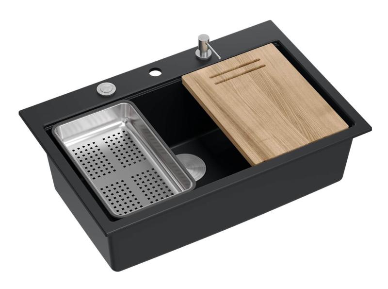 Quadri mat sort hård sten granit opbygning stor vask 76x50cm inklusive tilbehør 1208957201