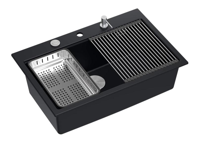 Quadri mat sort hård sten granit opbygning stor vask 76x50cm inklusive tilbehør 1208957201