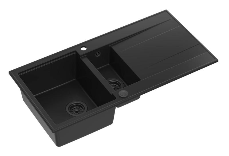 Quadri Luton sort granit køkkenvask med 1,5 kum og afløbsplade, vendbar, 100x50cm med sort prop 1208957329