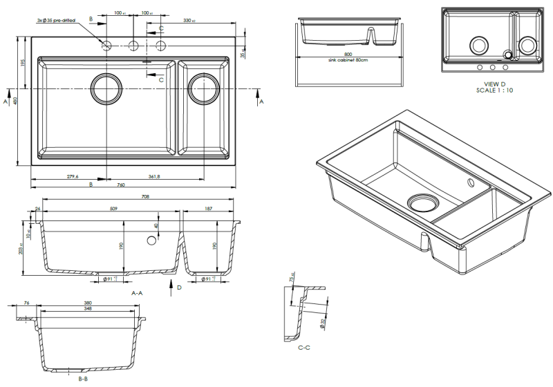 GraniteMy Limited stor 1,5 granit over- og underbygget sort vask inkl. tilbehør 76x48 cm 1208957389