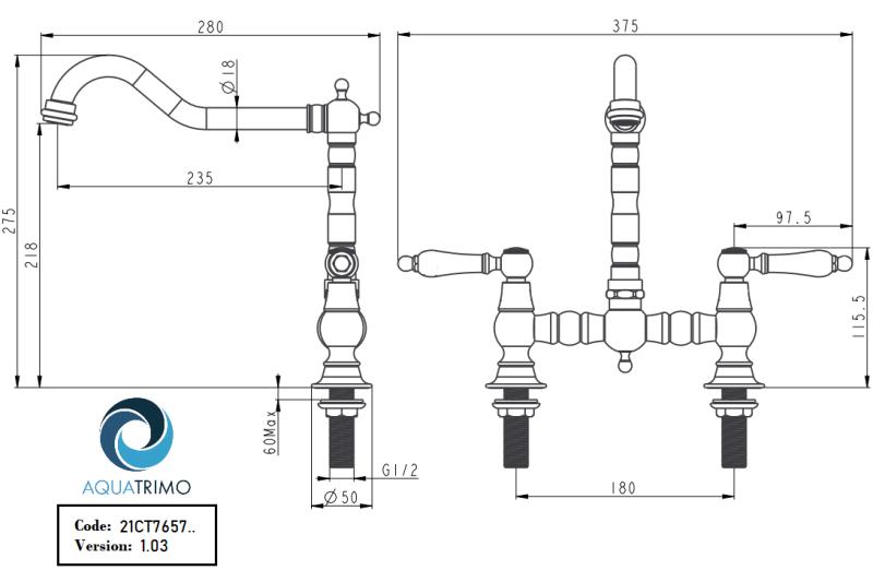 AquaTrimo Country 2-huls klassisk køkken nostalgisk bro køkkenarmatur med vinkeludløb krom 21CT7657CM