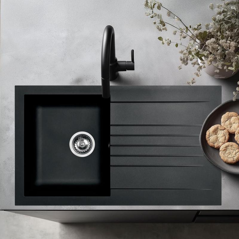 Ausmann Fibre køkkenvask sort vendbar med afløbsbak, indbygning 86x50 cm 1208957665