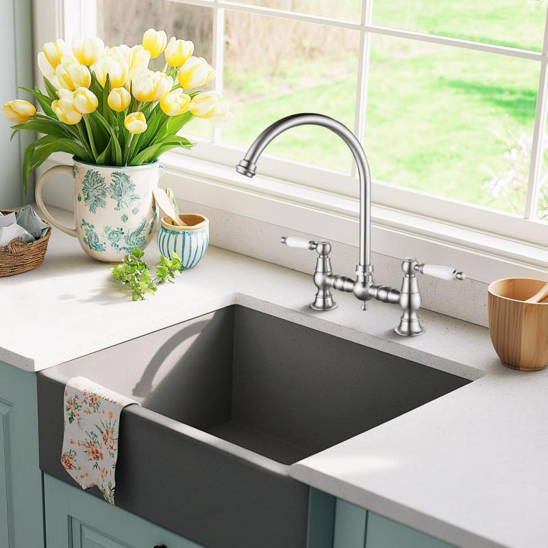 AquaTrimo Country 2-huls klassisk køkken nostalgisk bro køkkenhane med rund tud farve rustfrit stål 21CT7655NM