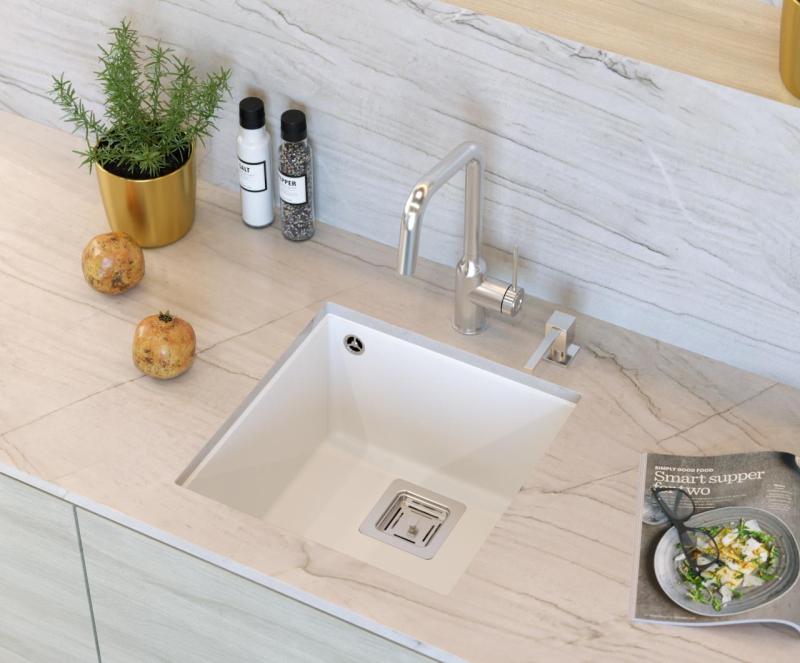 Quadri Quadrangle hvid granit underbygningsvask 42x42cm med rustfri stål prop 1208957886