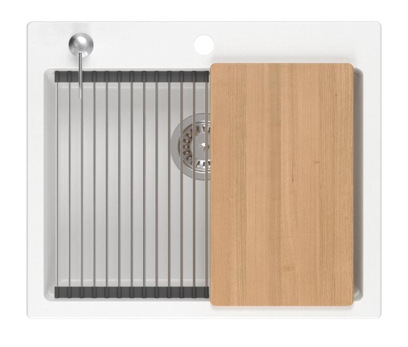 Quadri Durham hvid granit overflade vask 595x500 med sæbedispenser, skærebræt, rulleunderlag, indsatsvask og rulleunderlag 1208957903